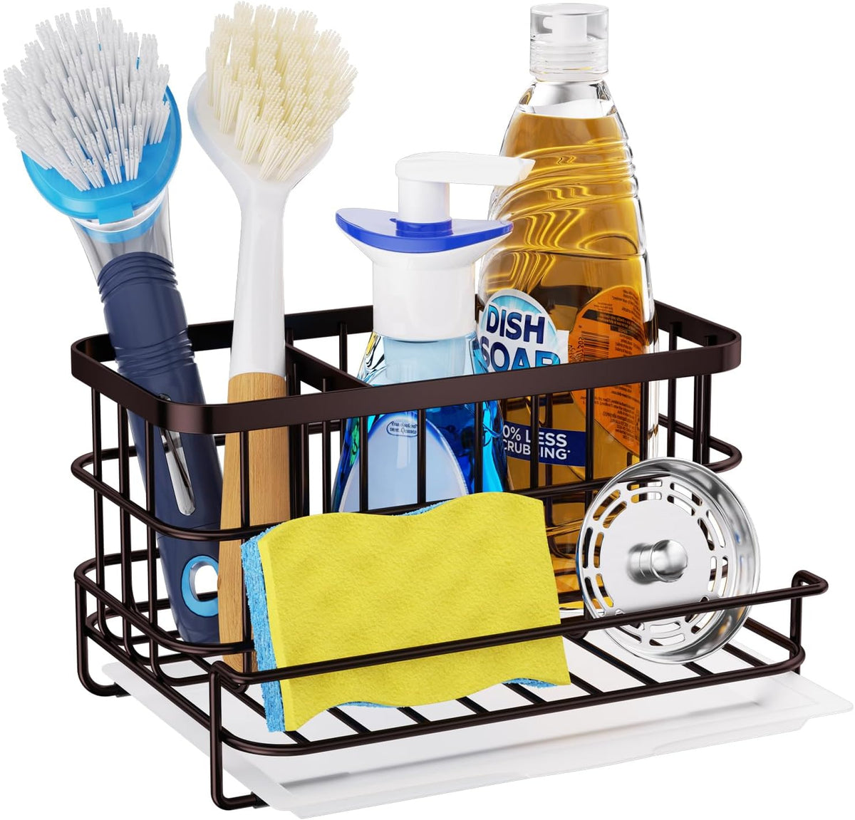 Kitchen Sink Organizer, SUS304 Stainless Steel Rustproof Multifunctional Large Sink Caddy with Sponge Holder and Drain Tray for Kitchen Countertop (Silver)