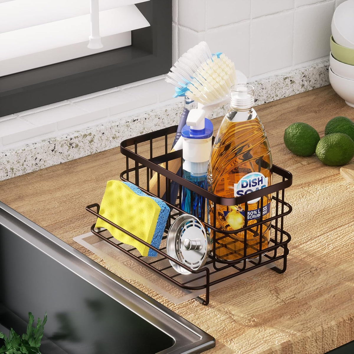 Kitchen Sink Organizer, SUS304 Stainless Steel Rustproof Multifunctional Large Sink Caddy with Sponge Holder and Drain Tray for Kitchen Countertop (Silver)