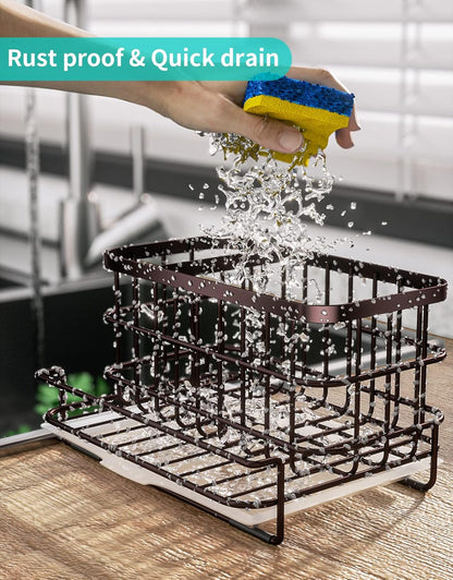 Kitchen Sink Organizer, SUS304 Stainless Steel Rustproof Multifunctional Large Sink Caddy with Sponge Holder and Drain Tray for Kitchen Countertop (Silver)