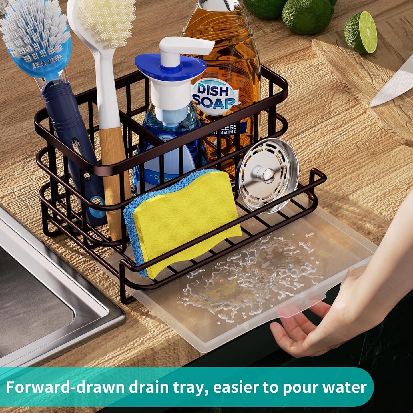 Kitchen Sink Organizer, SUS304 Stainless Steel Rustproof Multifunctional Large Sink Caddy with Sponge Holder and Drain Tray for Kitchen Countertop (Silver)