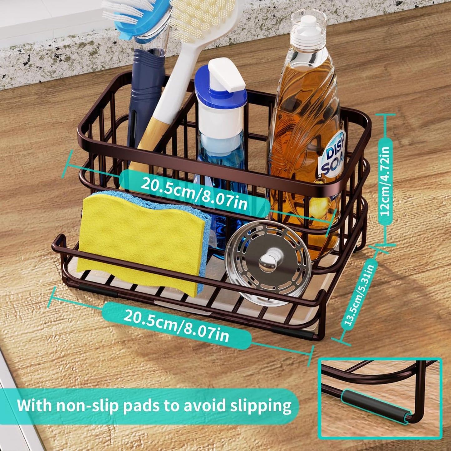Kitchen Sink Organizer, SUS304 Stainless Steel Rustproof Multifunctional Large Sink Caddy with Sponge Holder and Drain Tray for Kitchen Countertop (Silver)