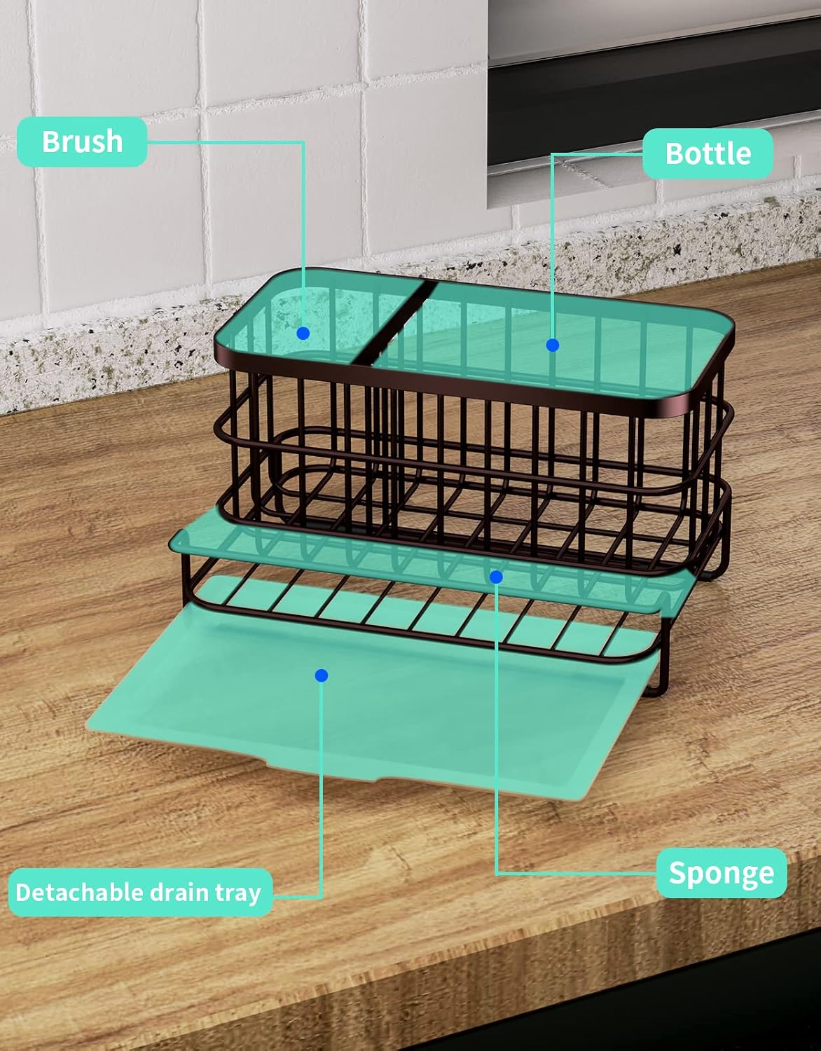 Kitchen Sink Organizer, SUS304 Stainless Steel Rustproof Multifunctional Large Sink Caddy with Sponge Holder and Drain Tray for Kitchen Countertop (Silver)