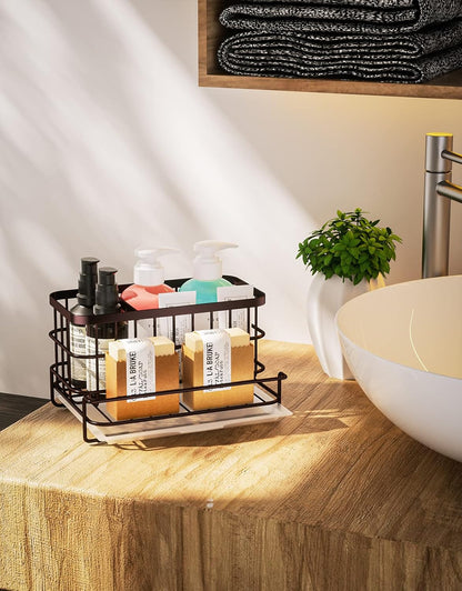 Kitchen Sink Organizer, SUS304 Stainless Steel Rustproof Multifunctional Large Sink Caddy with Sponge Holder and Drain Tray for Kitchen Countertop (Silver)