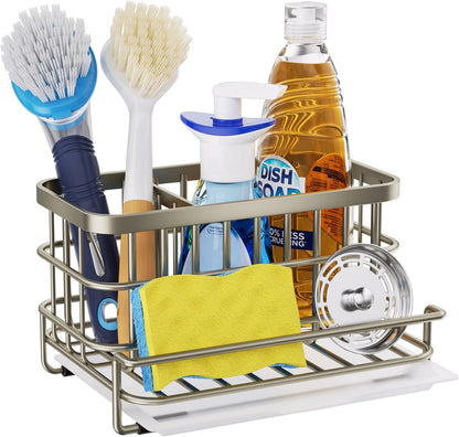 Kitchen Sink Organizer, SUS304 Stainless Steel Rustproof Multifunctional Large Sink Caddy with Sponge Holder and Drain Tray for Kitchen Countertop (Silver)