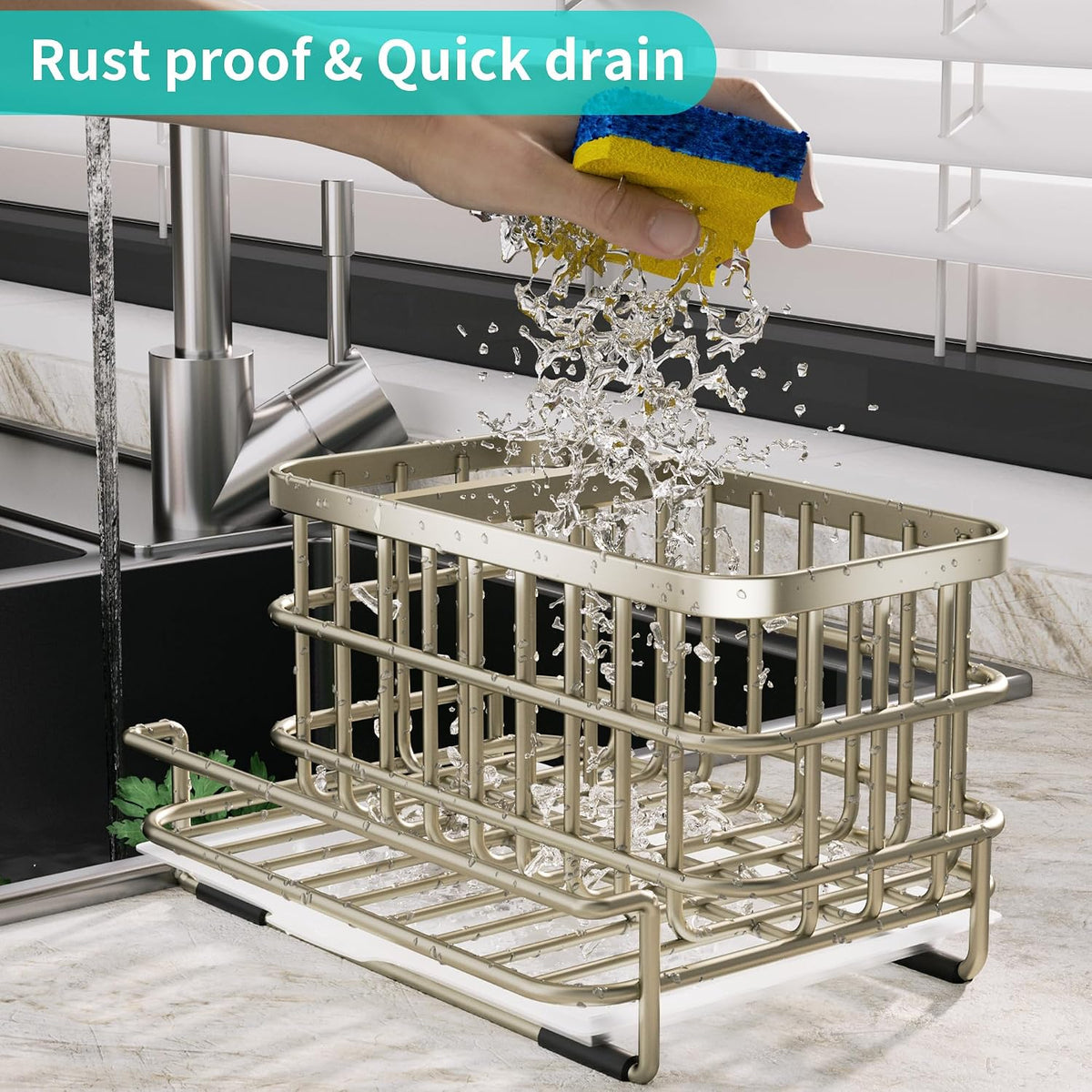 Kitchen Sink Organizer, SUS304 Stainless Steel Rustproof Multifunctional Large Sink Caddy with Sponge Holder and Drain Tray for Kitchen Countertop (Silver)
