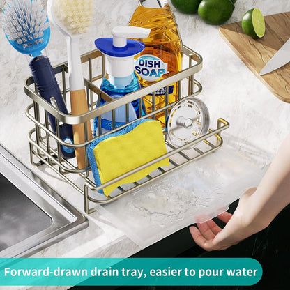 Kitchen Sink Organizer, SUS304 Stainless Steel Rustproof Multifunctional Large Sink Caddy with Sponge Holder and Drain Tray for Kitchen Countertop (Silver)