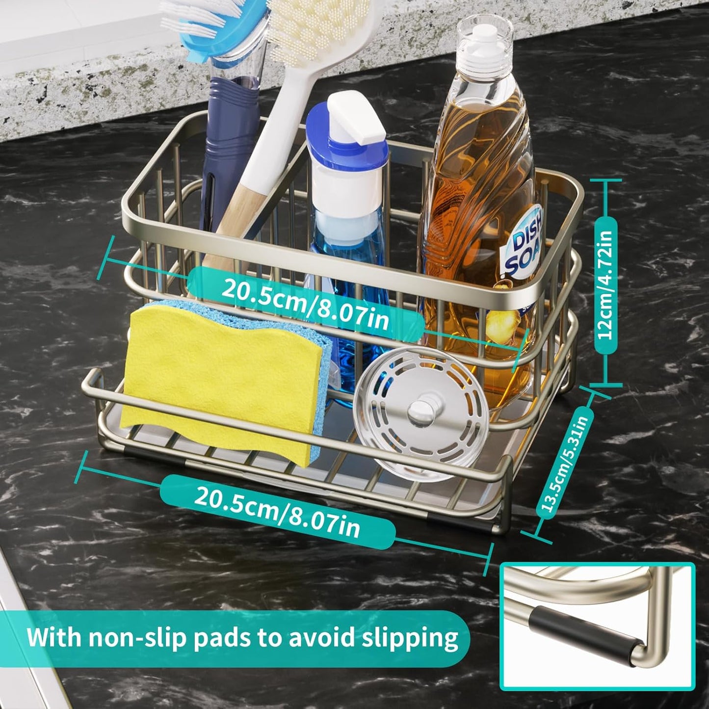 Kitchen Sink Organizer, SUS304 Stainless Steel Rustproof Multifunctional Large Sink Caddy with Sponge Holder and Drain Tray for Kitchen Countertop (Silver)