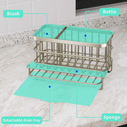 Kitchen Sink Organizer, SUS304 Stainless Steel Rustproof Multifunctional Large Sink Caddy with Sponge Holder and Drain Tray for Kitchen Countertop (Silver)