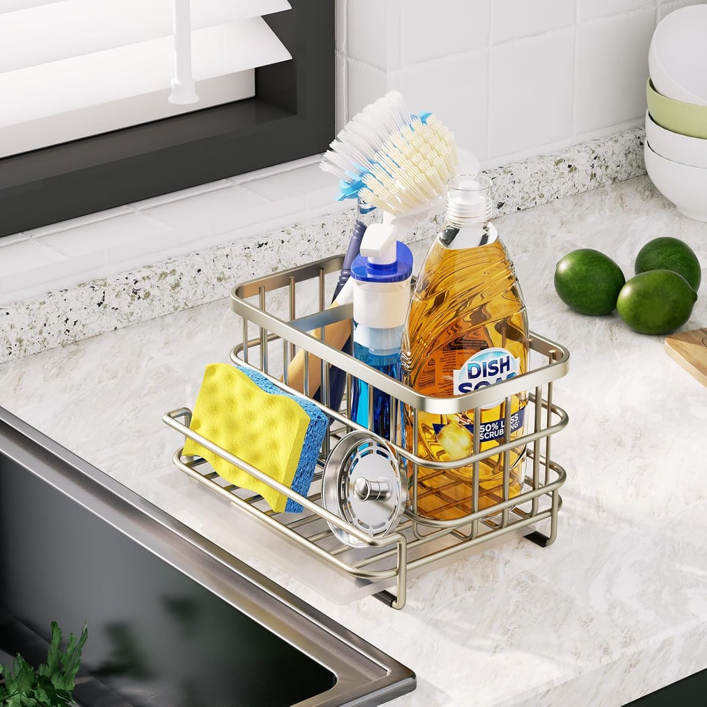 Kitchen Sink Organizer, SUS304 Stainless Steel Rustproof Multifunctional Large Sink Caddy with Sponge Holder and Drain Tray for Kitchen Countertop (Silver)