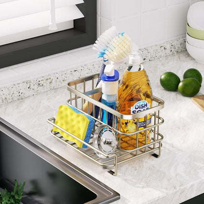 Kitchen Sink Organizer, SUS304 Stainless Steel Rustproof Multifunctional Large Sink Caddy with Sponge Holder and Drain Tray for Kitchen Countertop (Silver)