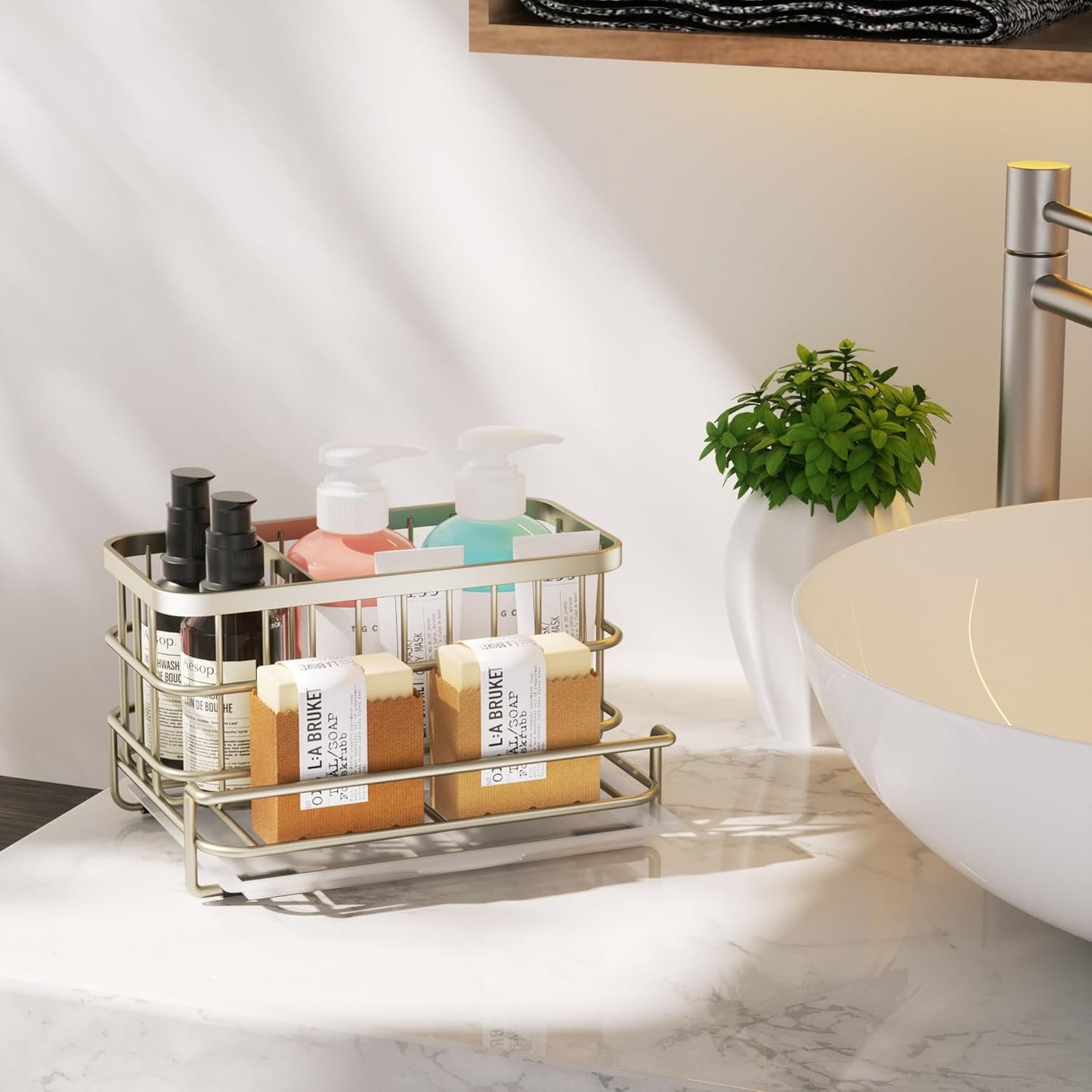 Kitchen Sink Organizer, SUS304 Stainless Steel Rustproof Multifunctional Large Sink Caddy with Sponge Holder and Drain Tray for Kitchen Countertop (Silver)