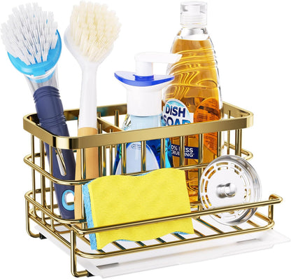 Kitchen Sink Organizer, SUS304 Stainless Steel Rustproof Multifunctional Large Sink Caddy with Sponge Holder and Drain Tray for Kitchen Countertop (Silver)