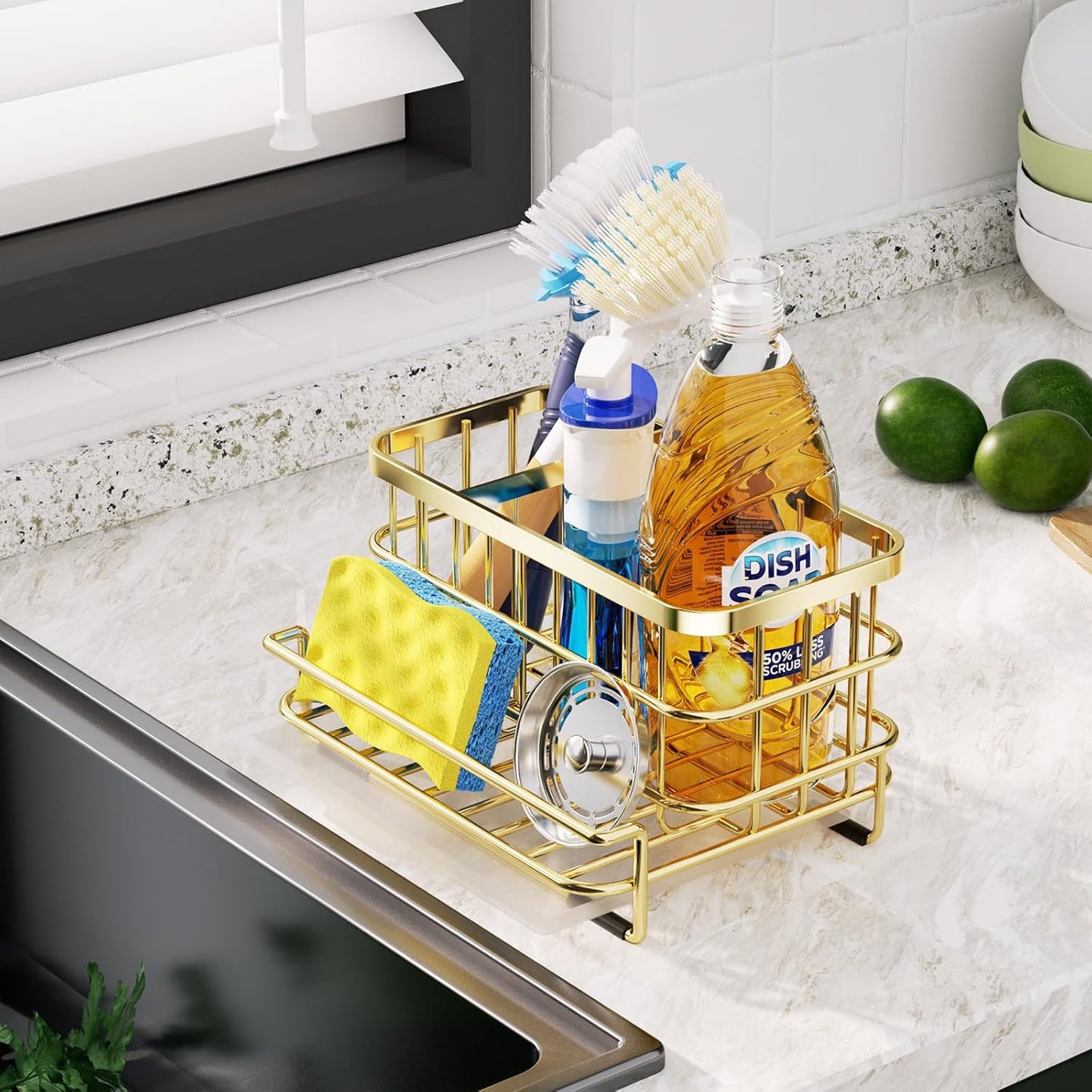 Kitchen Sink Organizer, SUS304 Stainless Steel Rustproof Multifunctional Large Sink Caddy with Sponge Holder and Drain Tray for Kitchen Countertop (Silver)