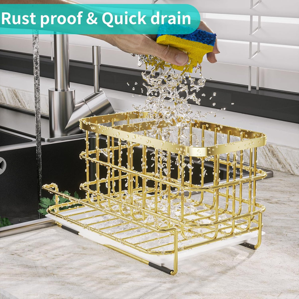 Kitchen Sink Organizer, SUS304 Stainless Steel Rustproof Multifunctional Large Sink Caddy with Sponge Holder and Drain Tray for Kitchen Countertop (Silver)