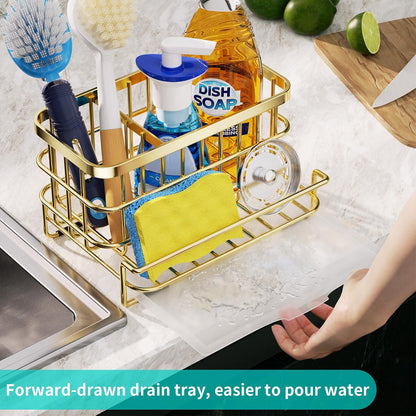 Kitchen Sink Organizer, SUS304 Stainless Steel Rustproof Multifunctional Large Sink Caddy with Sponge Holder and Drain Tray for Kitchen Countertop (Silver)