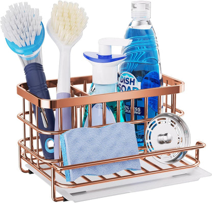 Kitchen Sink Organizer, SUS304 Stainless Steel Rustproof Multifunctional Large Sink Caddy with Sponge Holder and Drain Tray for Kitchen Countertop (Silver)