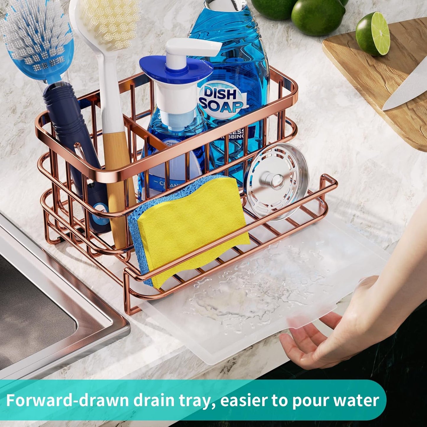 Kitchen Sink Organizer, SUS304 Stainless Steel Rustproof Multifunctional Large Sink Caddy with Sponge Holder and Drain Tray for Kitchen Countertop (Silver)