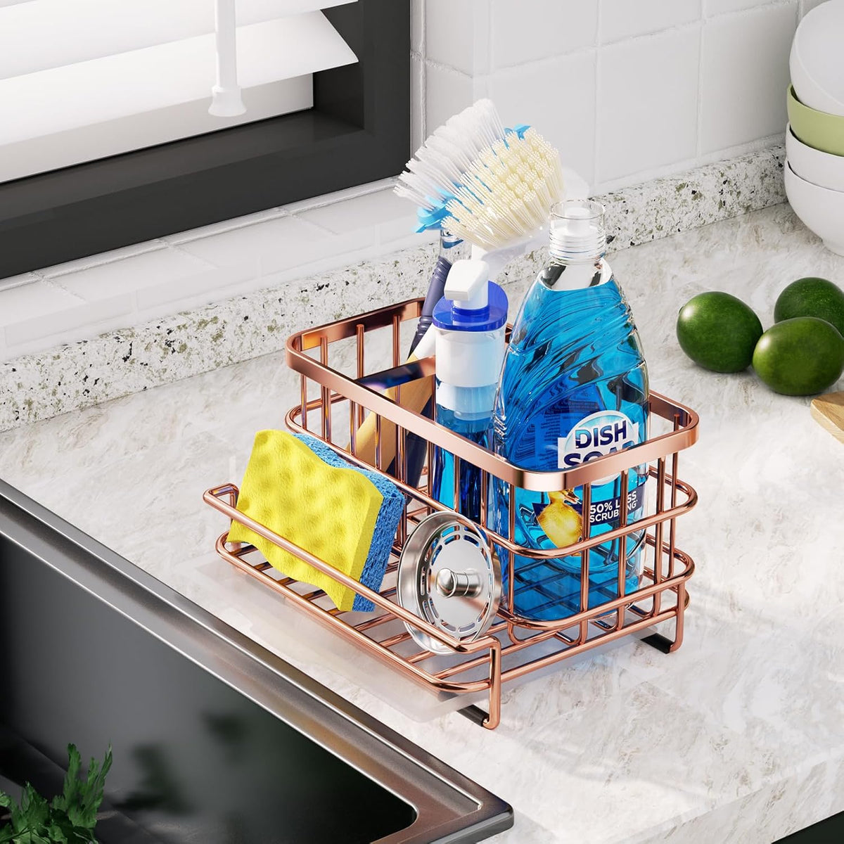 Kitchen Sink Organizer, SUS304 Stainless Steel Rustproof Multifunctional Large Sink Caddy with Sponge Holder and Drain Tray for Kitchen Countertop (Silver)