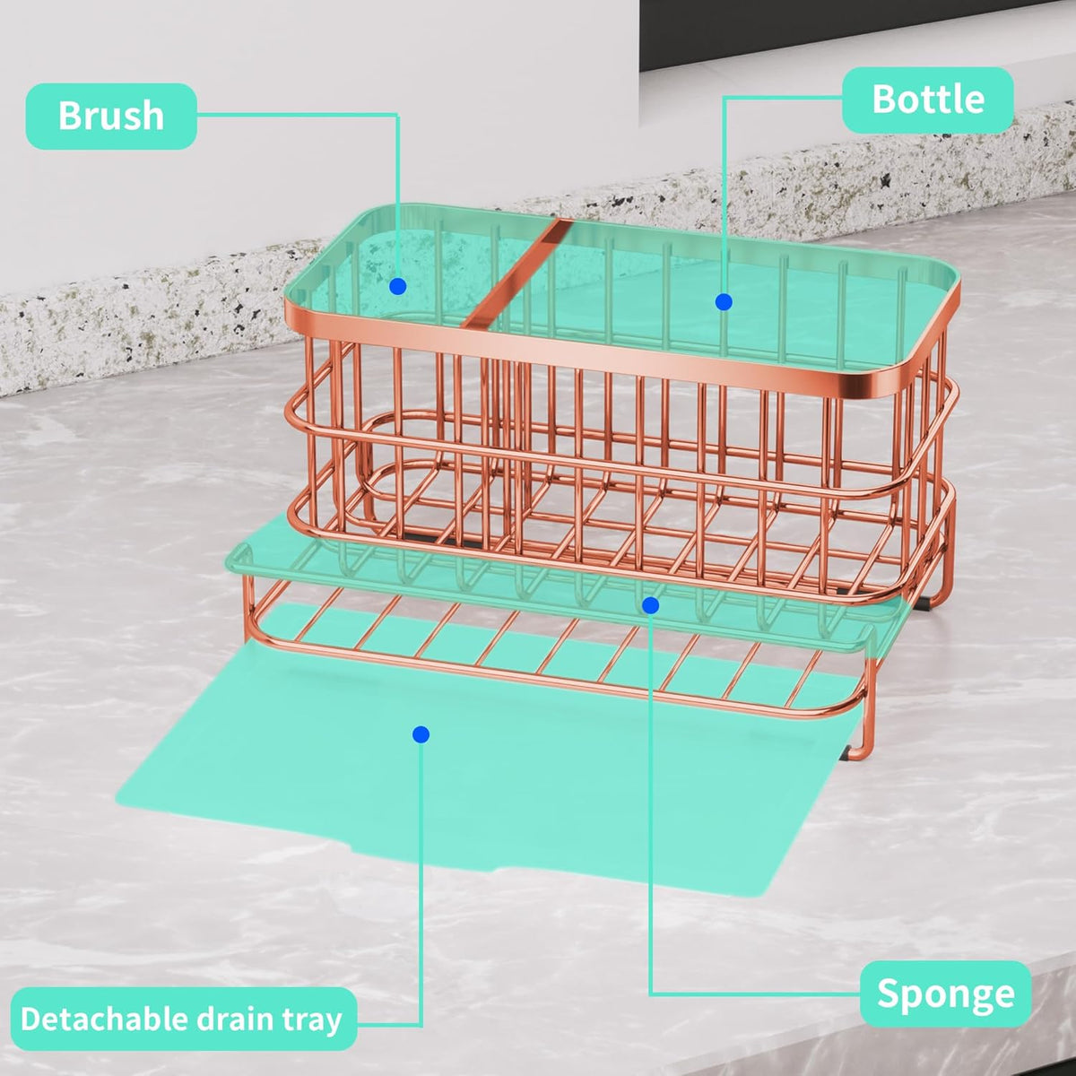 Kitchen Sink Organizer, SUS304 Stainless Steel Rustproof Multifunctional Large Sink Caddy with Sponge Holder and Drain Tray for Kitchen Countertop (Silver)