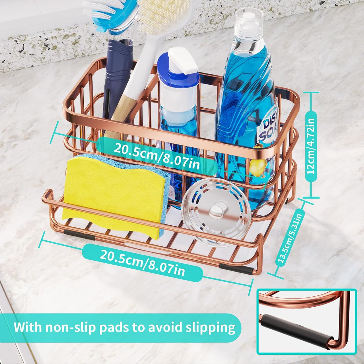 Kitchen Sink Organizer, SUS304 Stainless Steel Rustproof Multifunctional Large Sink Caddy with Sponge Holder and Drain Tray for Kitchen Countertop (Silver)