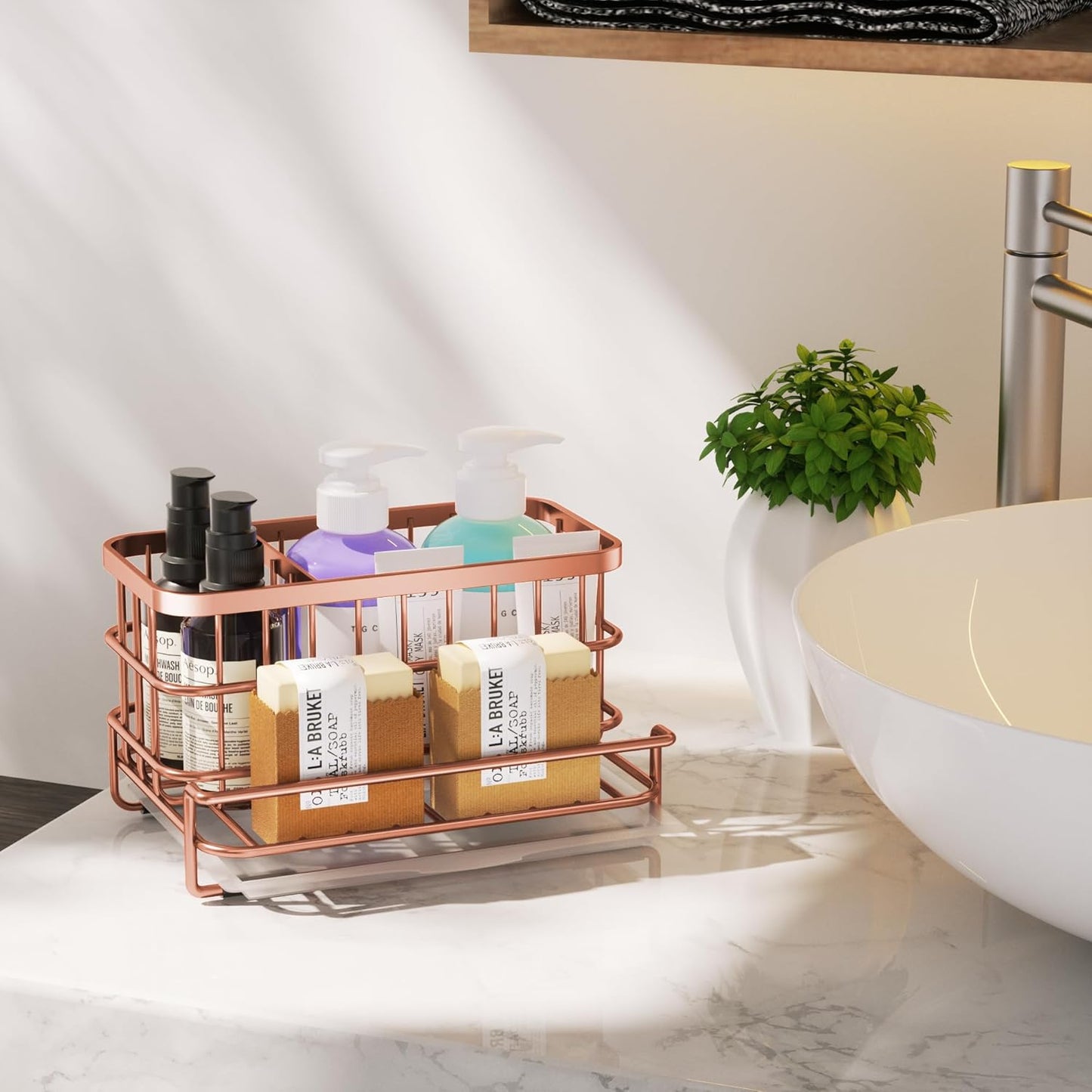 Kitchen Sink Organizer, SUS304 Stainless Steel Rustproof Multifunctional Large Sink Caddy with Sponge Holder and Drain Tray for Kitchen Countertop (Silver)