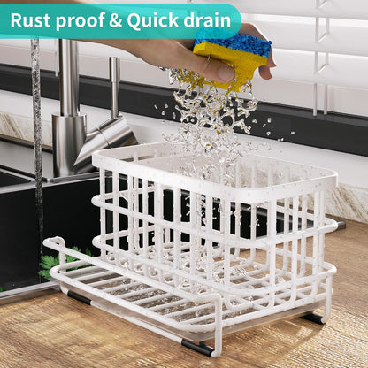 Kitchen Sink Organizer, SUS304 Stainless Steel Rustproof Multifunctional Large Sink Caddy with Sponge Holder and Drain Tray for Kitchen Countertop (Silver)