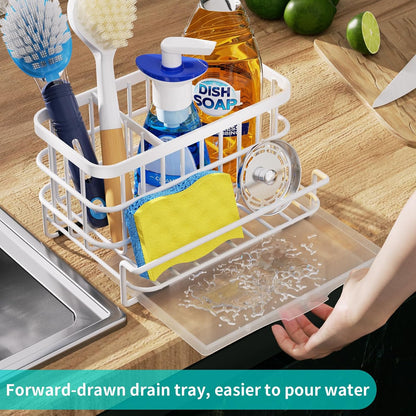 Kitchen Sink Organizer, SUS304 Stainless Steel Rustproof Multifunctional Large Sink Caddy with Sponge Holder and Drain Tray for Kitchen Countertop (Silver)