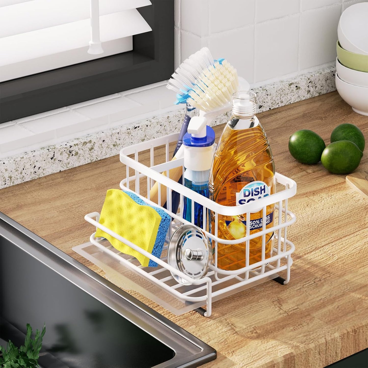 Kitchen Sink Organizer, SUS304 Stainless Steel Rustproof Multifunctional Large Sink Caddy with Sponge Holder and Drain Tray for Kitchen Countertop (Silver)