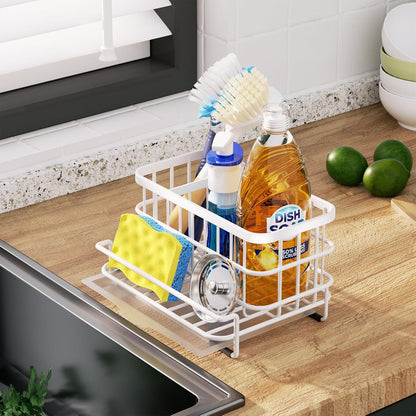 Kitchen Sink Organizer, SUS304 Stainless Steel Rustproof Multifunctional Large Sink Caddy with Sponge Holder and Drain Tray for Kitchen Countertop (Silver)