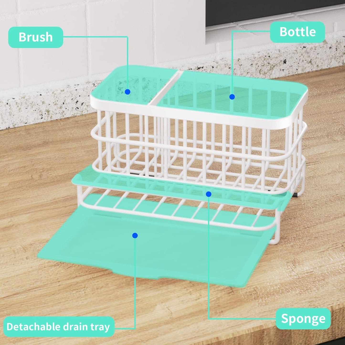 Kitchen Sink Organizer, SUS304 Stainless Steel Rustproof Multifunctional Large Sink Caddy with Sponge Holder and Drain Tray for Kitchen Countertop (Silver)