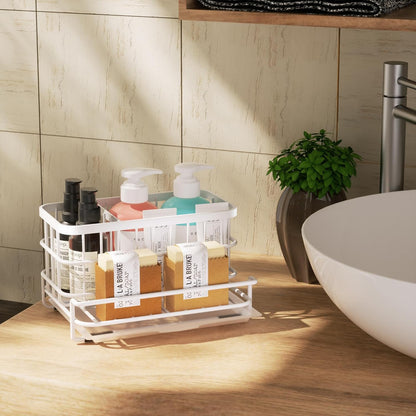 Kitchen Sink Organizer, SUS304 Stainless Steel Rustproof Multifunctional Large Sink Caddy with Sponge Holder and Drain Tray for Kitchen Countertop (Silver)