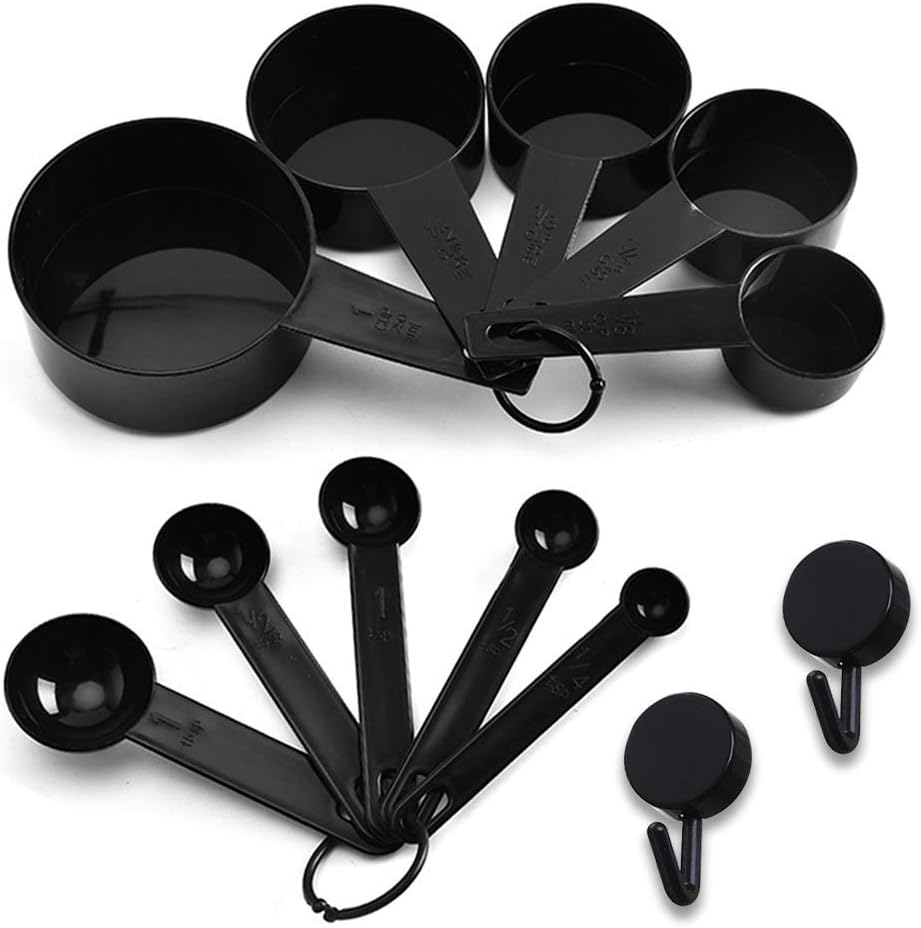 BLACK Measuring Cups and Measuring Spoons Set of 10pcs, Minimalist modern Cups, Included 2 pcs Kitchen Tool Hook Up. (BLACK)