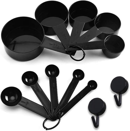 BLACK Measuring Cups and Measuring Spoons Set of 10pcs, Minimalist modern Cups, Included 2 pcs Kitchen Tool Hook Up. (BLACK)