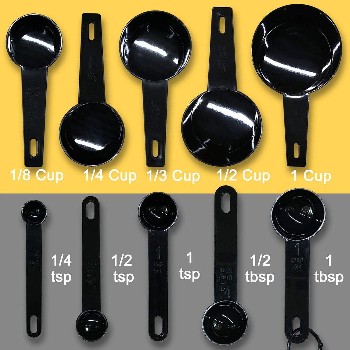 BLACK Measuring Cups and Measuring Spoons Set of 10pcs, Minimalist modern Cups, Included 2 pcs Kitchen Tool Hook Up. (BLACK)