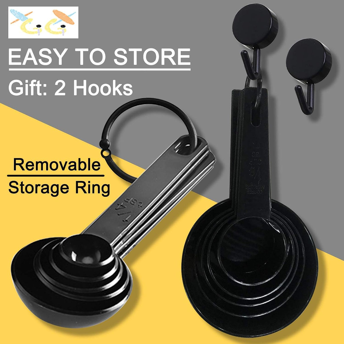 BLACK Measuring Cups and Measuring Spoons Set of 10pcs, Minimalist modern Cups, Included 2 pcs Kitchen Tool Hook Up. (BLACK)
