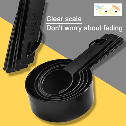 BLACK Measuring Cups and Measuring Spoons Set of 10pcs, Minimalist modern Cups, Included 2 pcs Kitchen Tool Hook Up. (BLACK)