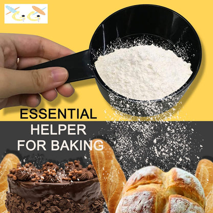 BLACK Measuring Cups and Measuring Spoons Set of 10pcs, Minimalist modern Cups, Included 2 pcs Kitchen Tool Hook Up. (BLACK)