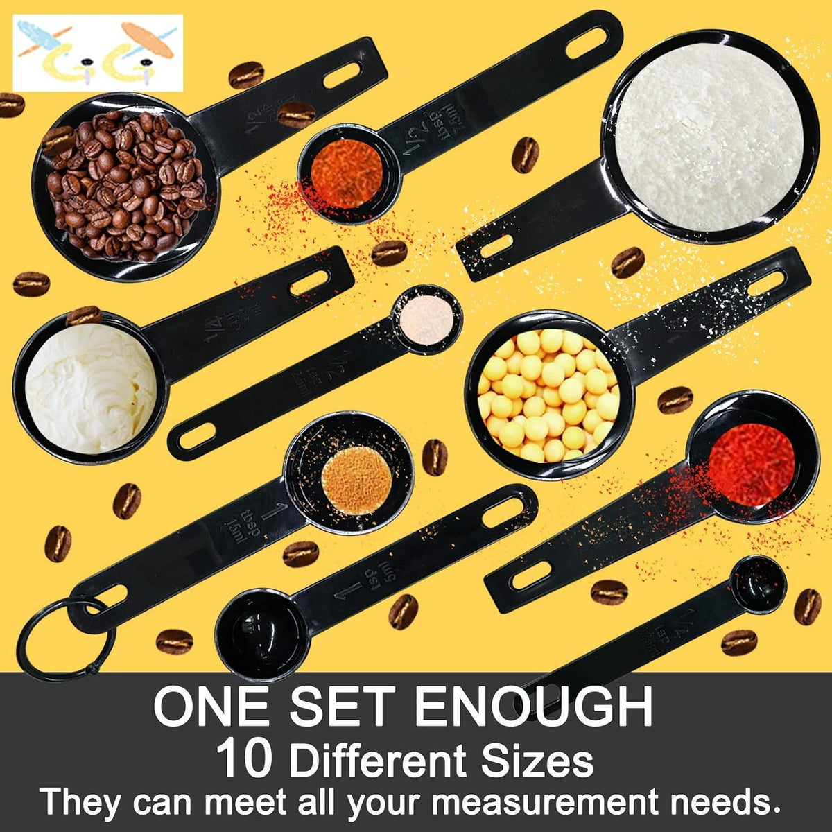 BLACK Measuring Cups and Measuring Spoons Set of 10pcs, Minimalist modern Cups, Included 2 pcs Kitchen Tool Hook Up. (BLACK)