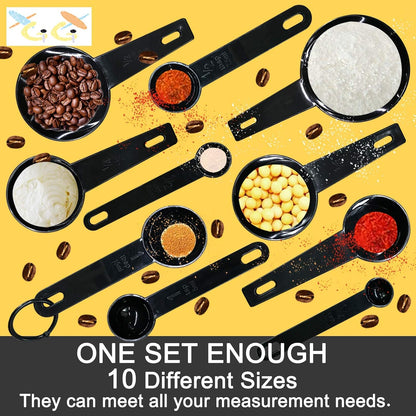 BLACK Measuring Cups and Measuring Spoons Set of 10pcs, Minimalist modern Cups, Included 2 pcs Kitchen Tool Hook Up. (BLACK)