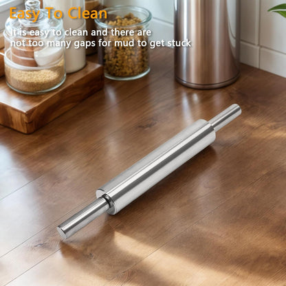 17-Inch 18/8 Stainless Steel Rolling Pin - Metal Dough Roller for Baking, Pizza, Chapati & Cookies - Non-Slip Handles, Dishwasher Safe