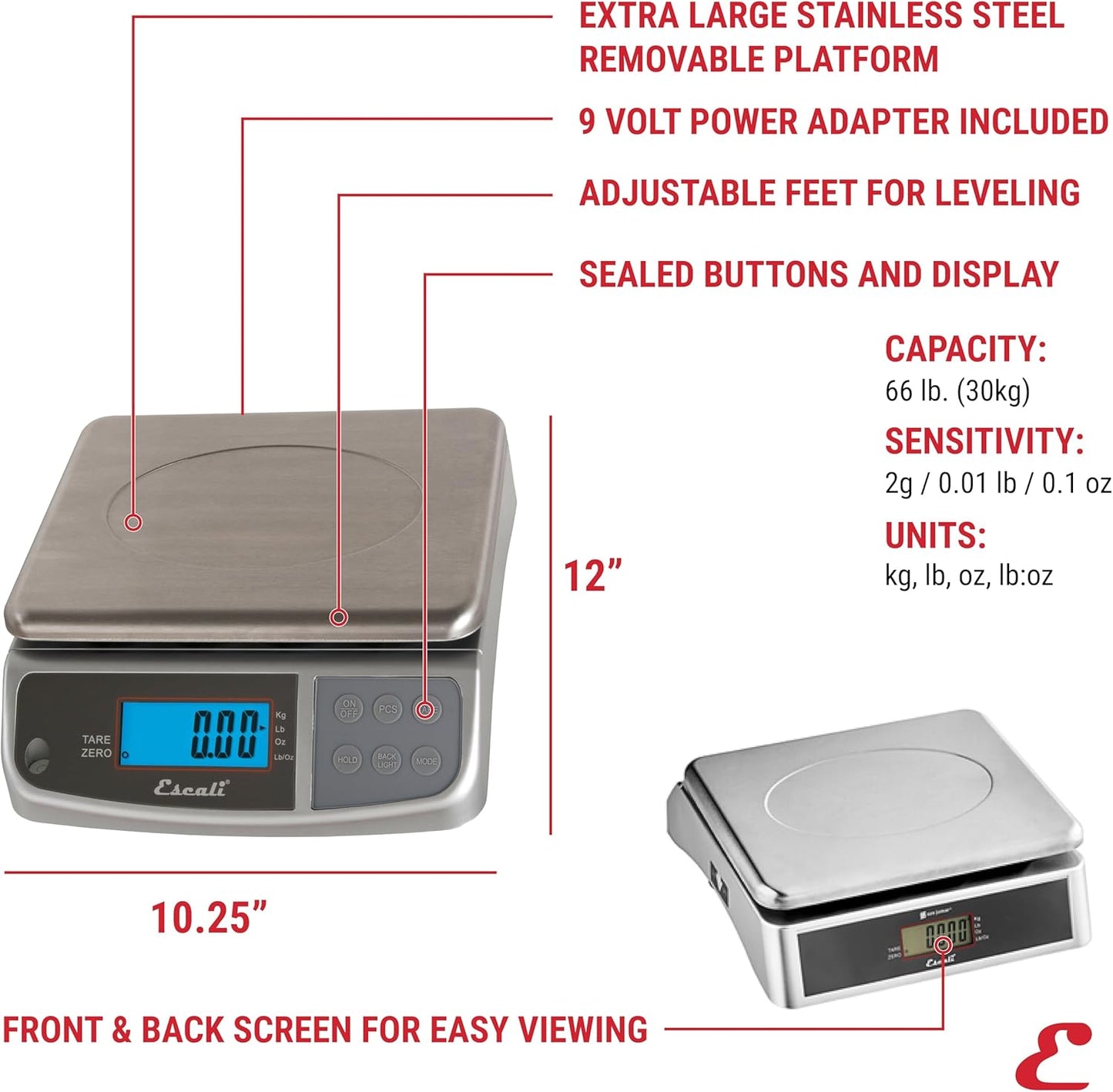 M-Series NSF Certified Digital Kitchen & Industrial Scale, 66 lb Capacity, Dual Display, Spill-Proof, Stainless Steel