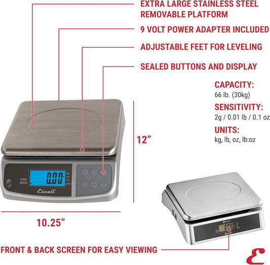 M-Series NSF Certified Digital Kitchen & Industrial Scale, 66 lb Capacity, Dual Display, Spill-Proof, Stainless Steel