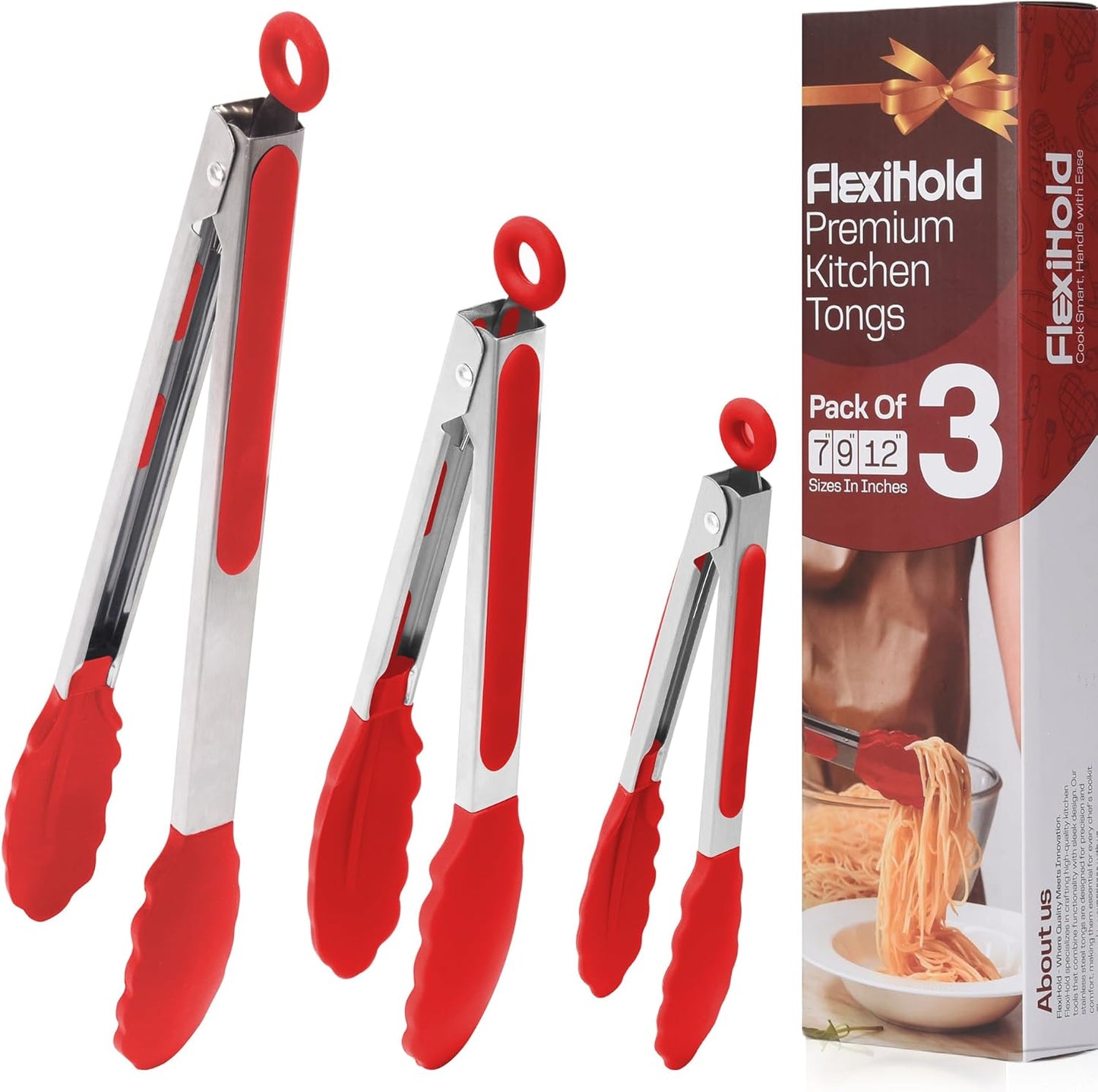 Stainless Steel Kitchen Tongs Set, 3 Pack with Silicone Tips | 7", 9" & 12" non-stick cooking, grilling, BBQ and serving tongs, dishwasher safe, red handles