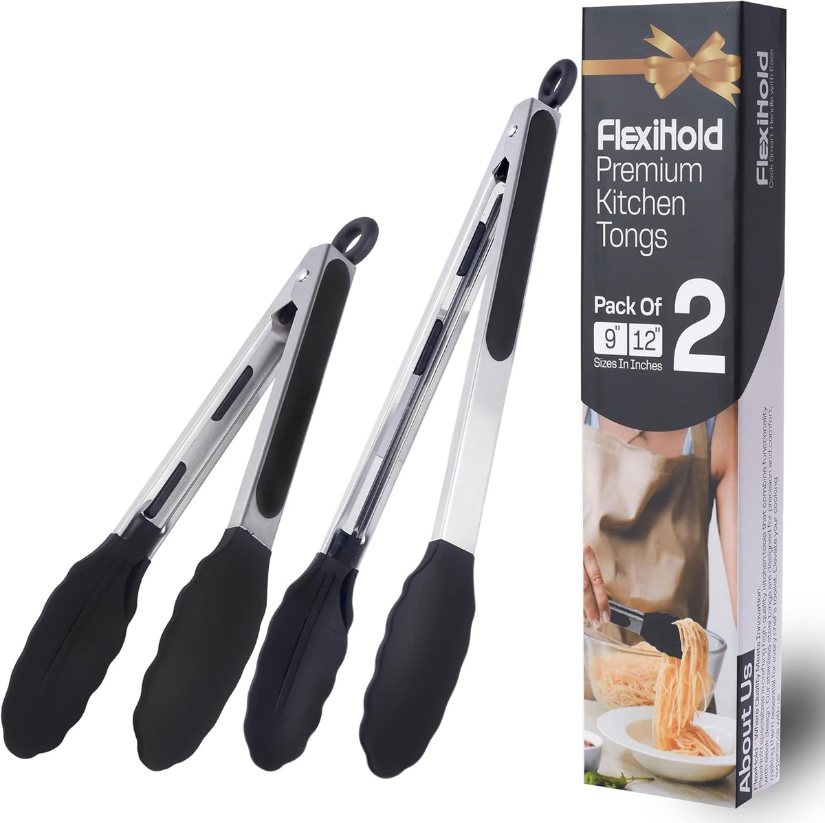 Stainless Steel Kitchen Tongs Set, 3 Pack with Silicone Tips | 7", 9" & 12" non-stick cooking, grilling, BBQ and serving tongs, dishwasher safe, red handles