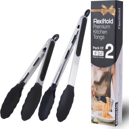 Stainless Steel Kitchen Tongs Set, 3 Pack with Silicone Tips | 7", 9" & 12" non-stick cooking, grilling, BBQ and serving tongs, dishwasher safe, red handles