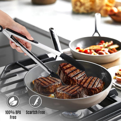 Stainless Steel Kitchen Tongs Set, 3 Pack with Silicone Tips | 7", 9" & 12" non-stick cooking, grilling, BBQ and serving tongs, dishwasher safe, red handles