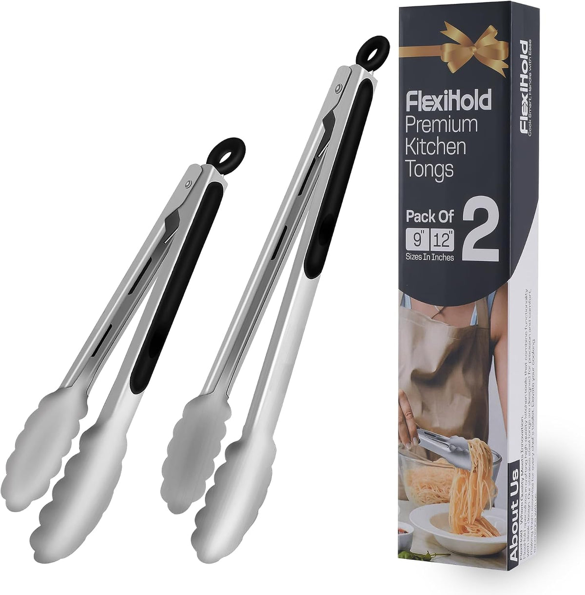 Stainless Steel Kitchen Tongs Set, 3 Pack with Silicone Tips | 7", 9" & 12" non-stick cooking, grilling, BBQ and serving tongs, dishwasher safe, red handles