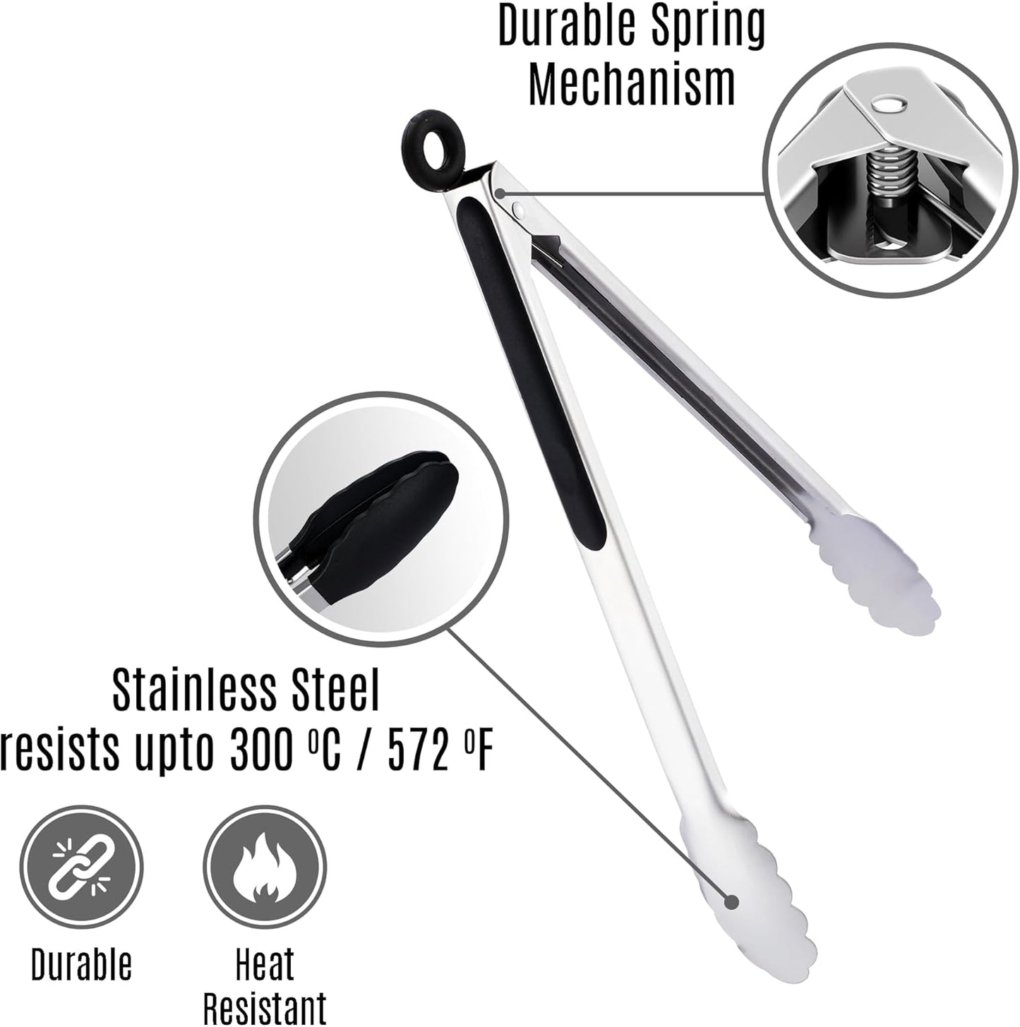 Stainless Steel Kitchen Tongs Set, 3 Pack with Silicone Tips | 7", 9" & 12" non-stick cooking, grilling, BBQ and serving tongs, dishwasher safe, red handles