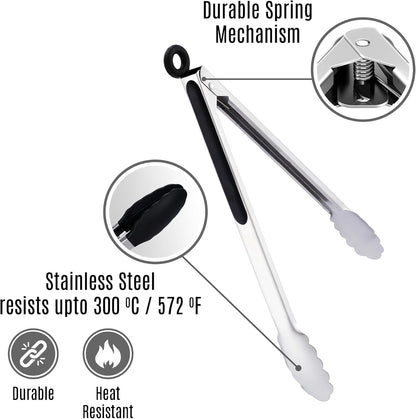 Stainless Steel Kitchen Tongs Set, 3 Pack with Silicone Tips | 7", 9" & 12" non-stick cooking, grilling, BBQ and serving tongs, dishwasher safe, red handles