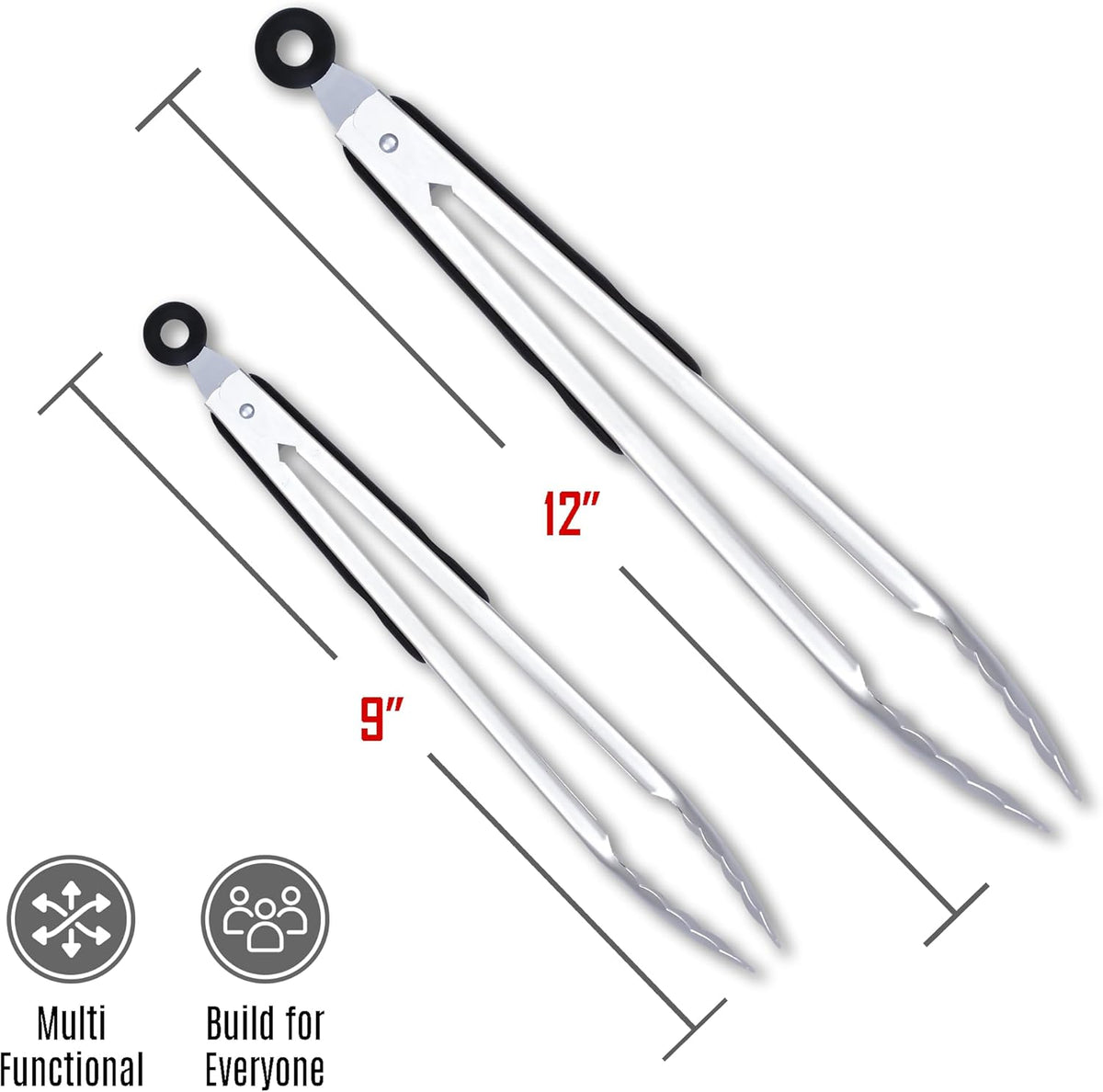 Stainless Steel Kitchen Tongs Set, 3 Pack with Silicone Tips | 7", 9" & 12" non-stick cooking, grilling, BBQ and serving tongs, dishwasher safe, red handles